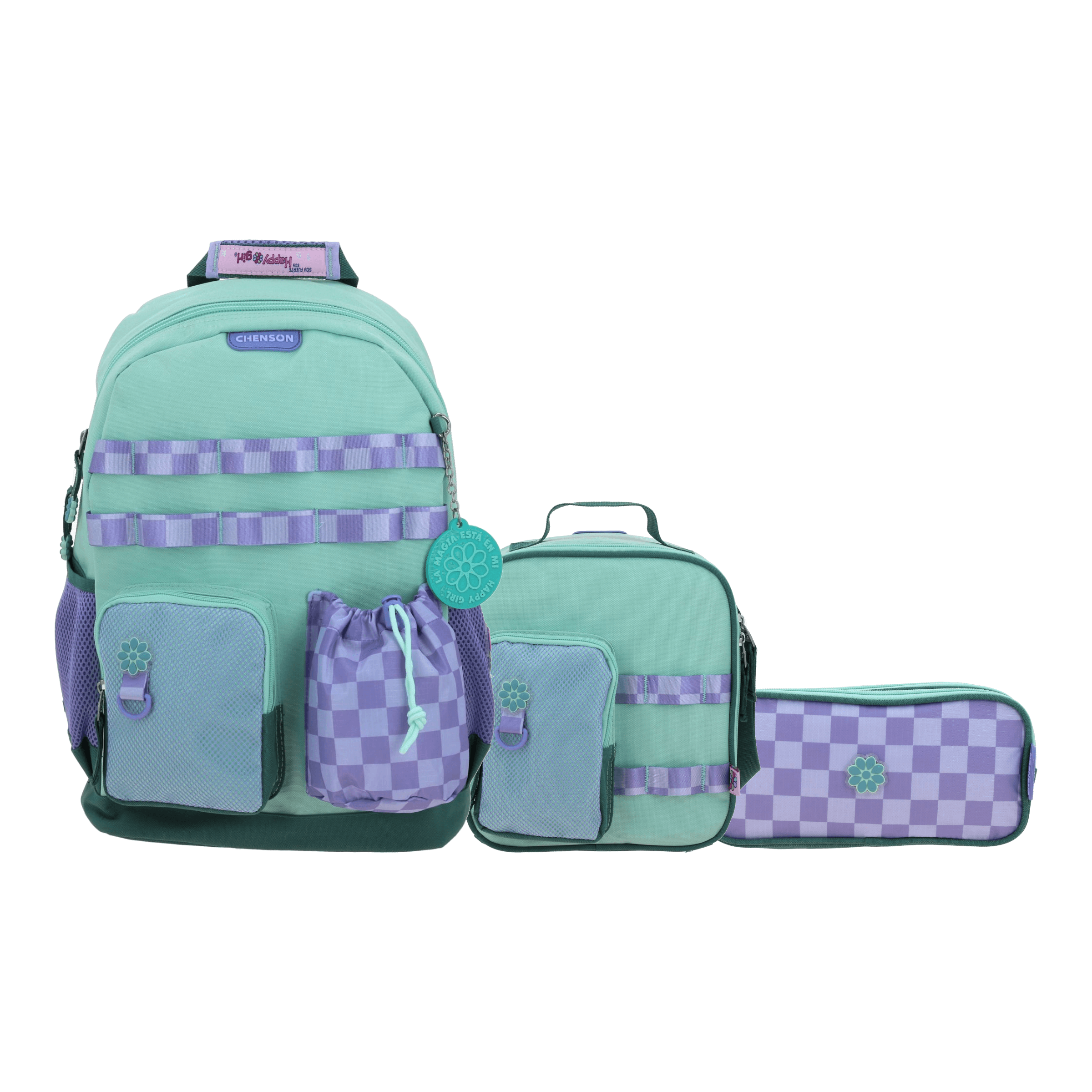 Kit Escolar Happy Girl by Chenson (Mochila + Lonchera + Lapicera) Verde Infantil, modelo HG70897-G-KC3
