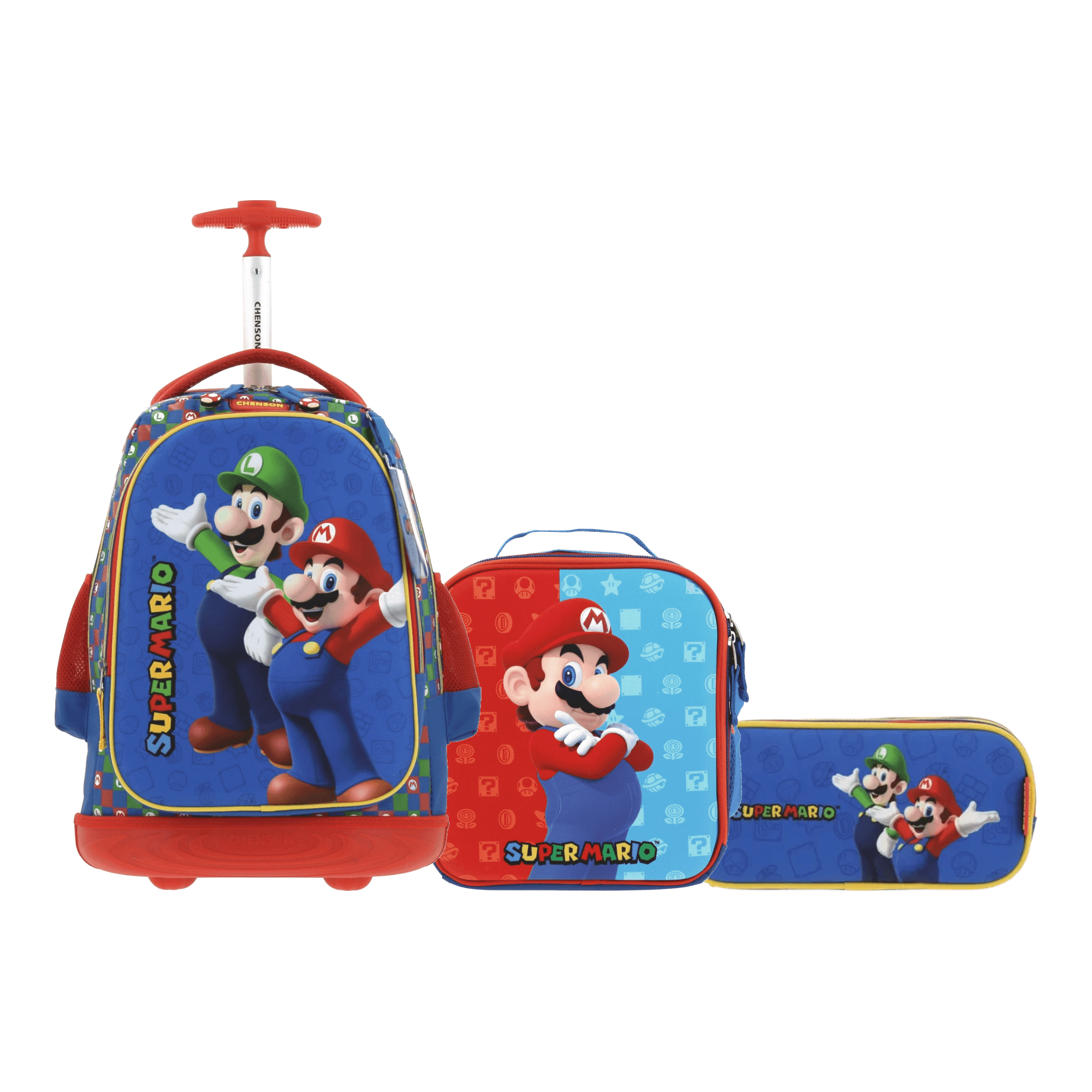 Kit Escolar Mario Bros by Chenson (Mochila con Ruedas + Lonchera + Lapicera) Azul Infantil - Modelo MB65971, modelo MB65971-9-KC3
