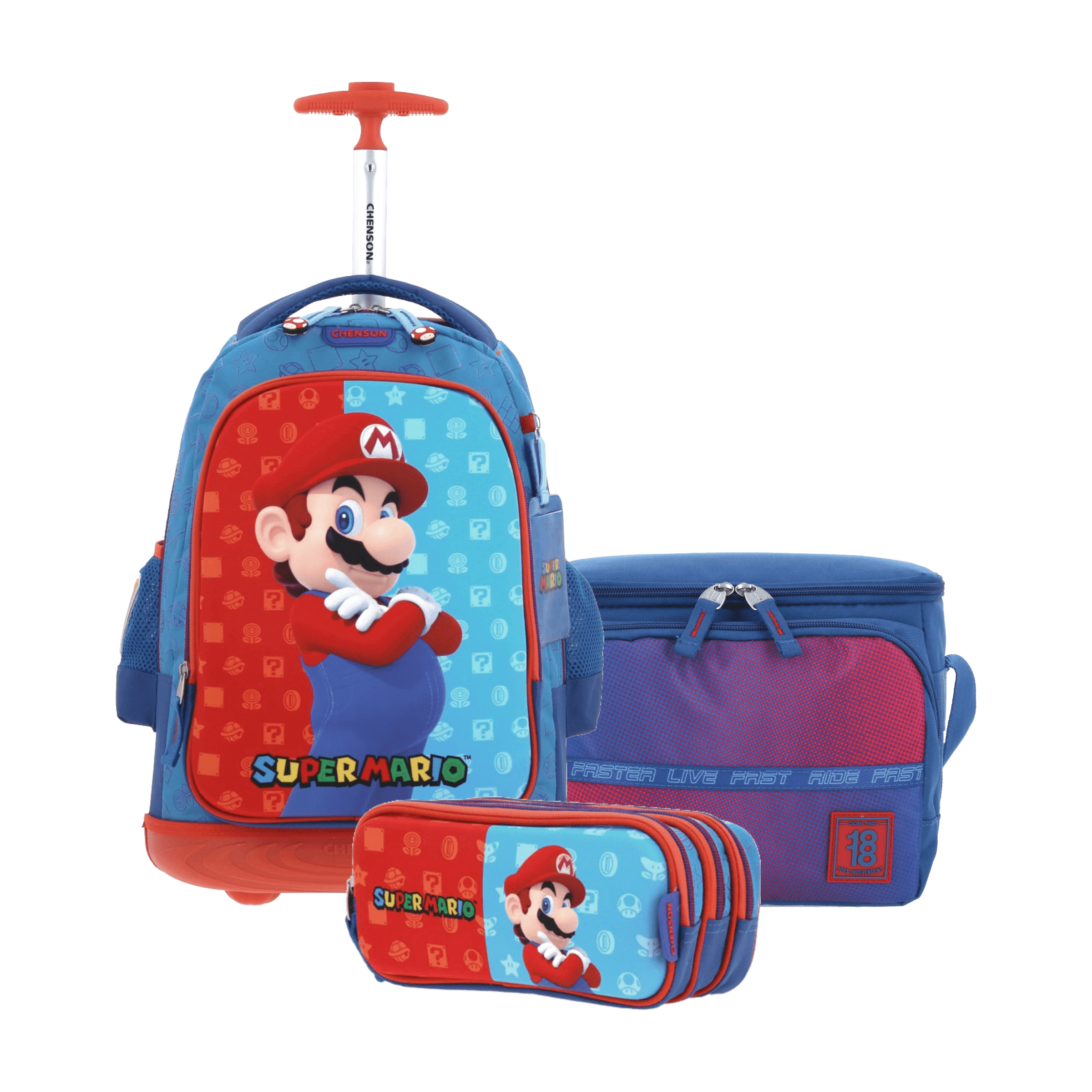 Kit Escolar Mario Bros by Chenson (Mochila con Ruedas + Lonchera + Lapicera) Azul Infantil - Modelo MB66083, modelo MB66083-9-KC3