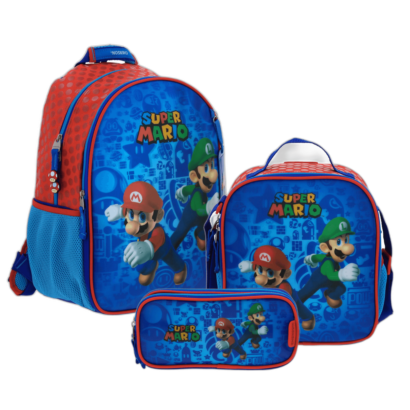Kit Escolar Mario Bros by Chenson (Mochila + Lonchera + Lapicera) infantil, modelo MB70307-KC3