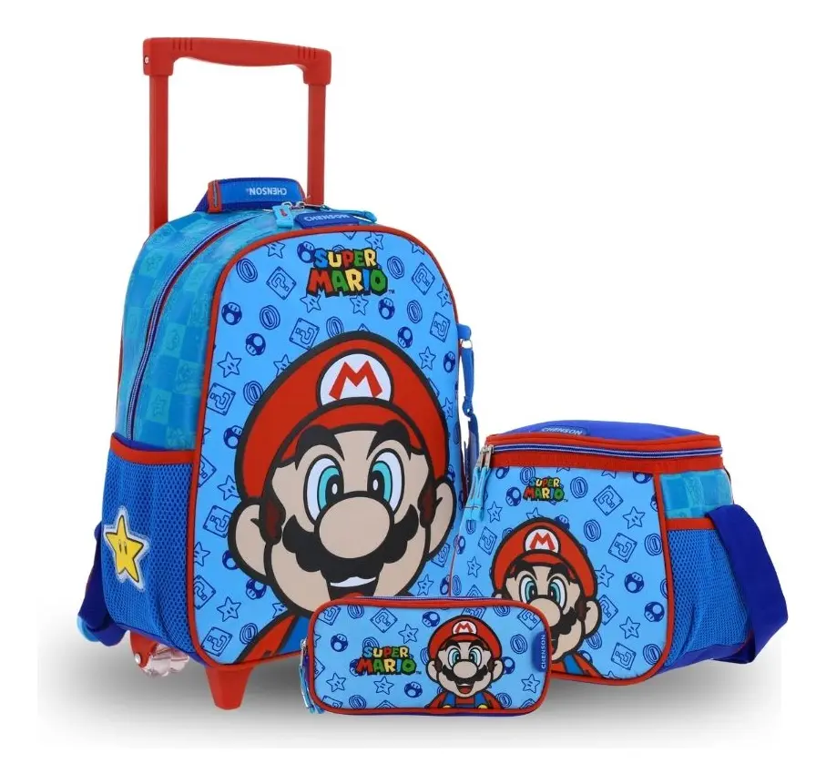 Kit Kinder Prescolar Mario Bros by Chenson (Mochila + Lonchera + Lapicera) infantil, modelo MB66131-KB3