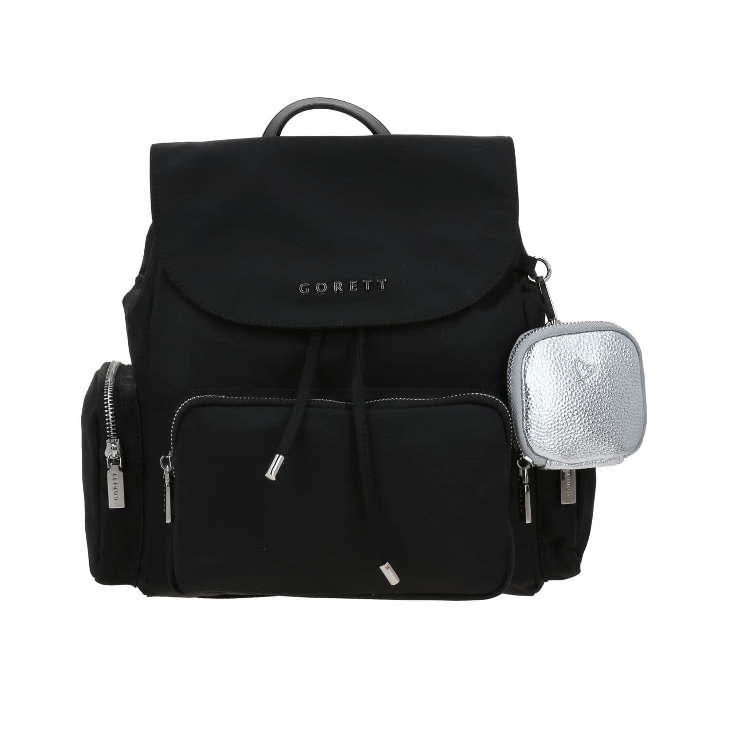 Mochila casual Gorétt by Chenson negra para dama con bolsillos funcionales, modelo GF25102-3