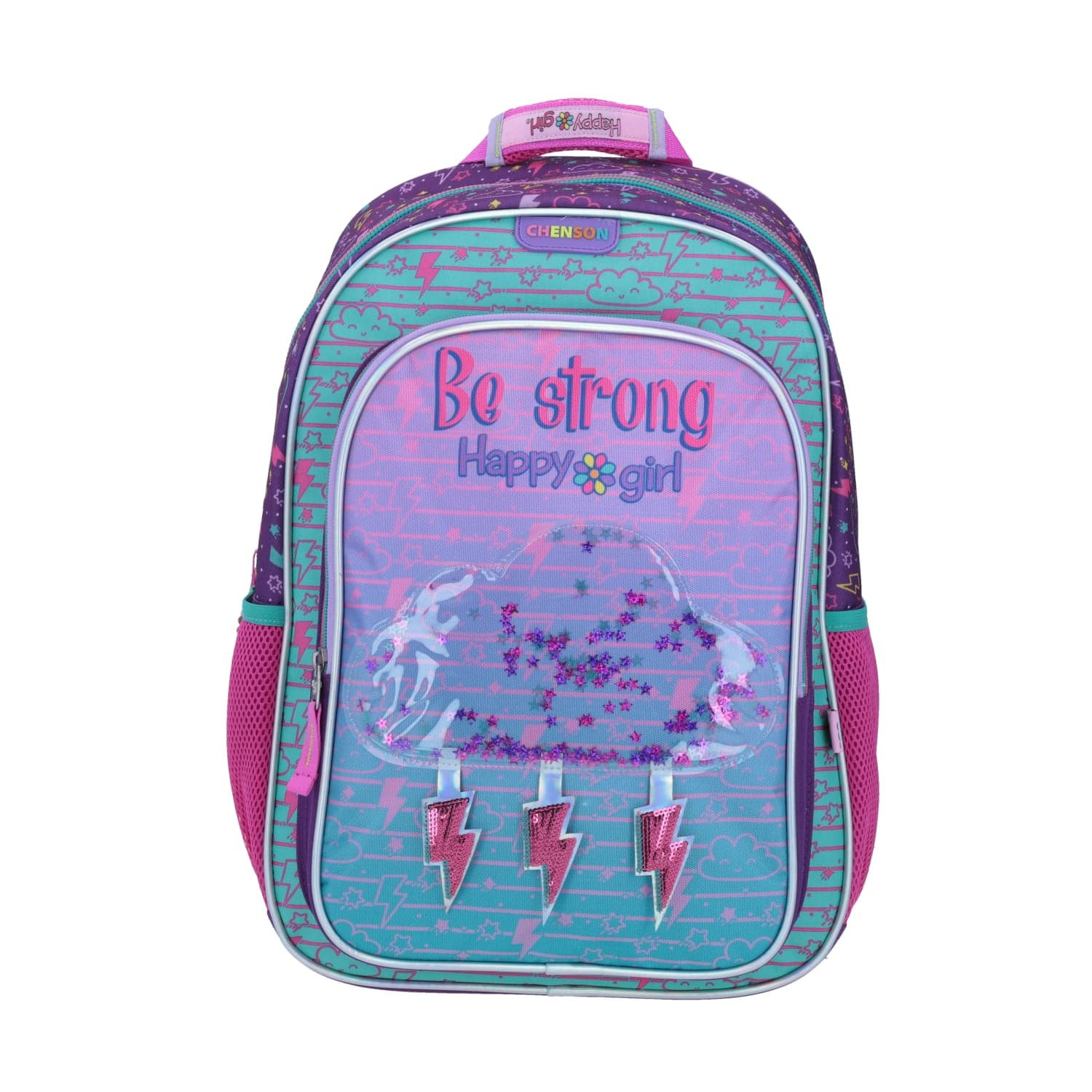 Mochila escolar Happy Girl by Chenson color uva para niña con compartimento amplio, modelo HG64489-U