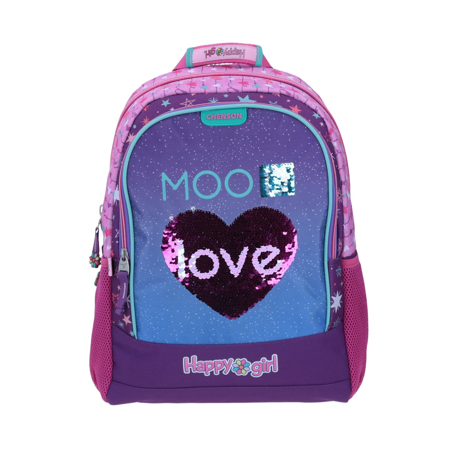 Mochila escolar para niña Happy Girl by Chenson color rosa con compartimentos, modelo HG64551-P