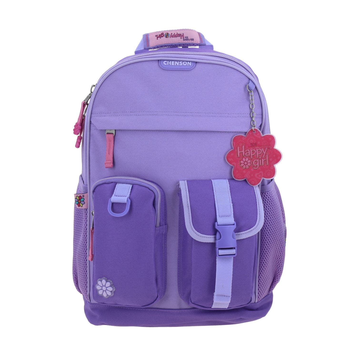 Mochila escolar para niña Happy Girl by Chenson Violeta con múltiples bolsillos, modelo HG70590-V