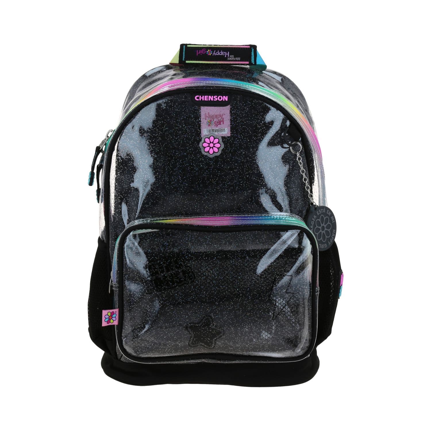 Mochila escolar Happy Girl negro PVC transparente para niña, modelo HG70795-3
