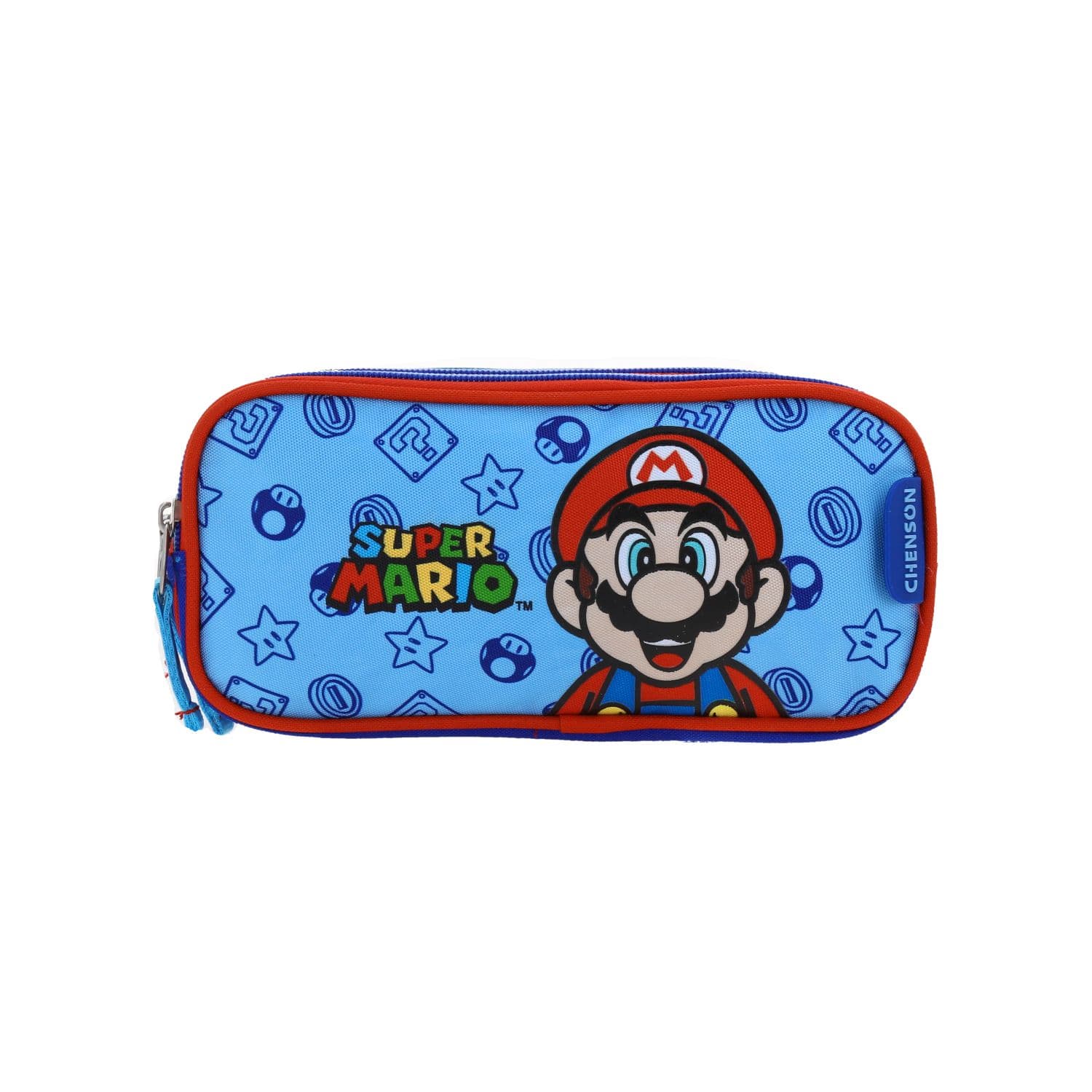 Lapicera escolar para niño Mario Bros by Chenson color azul con doble compartimento, modelo MB66129-9