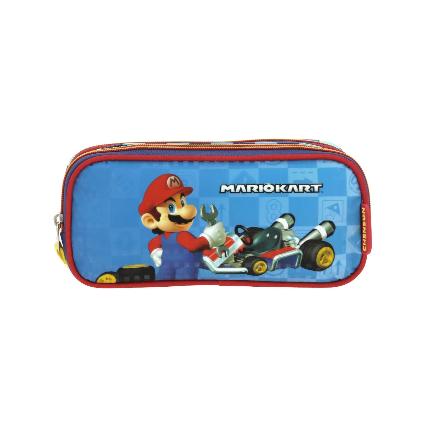 Lapicera escolar para niño Mario Bros by Chenson color azul con doble compartimento, modelo MB66247-9