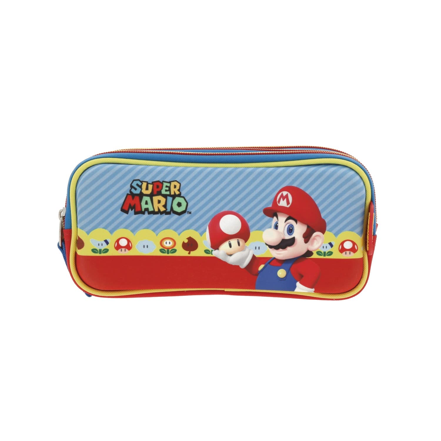Lapicera escolar Mario Bros by Chenson color azul con triple compartimento, modelo MB66261-9