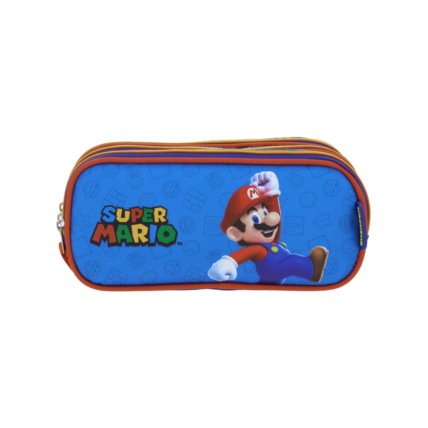 Lapicera escolar Mario Bros by Chenson azul con triple compartimento, modelo MB66308-9