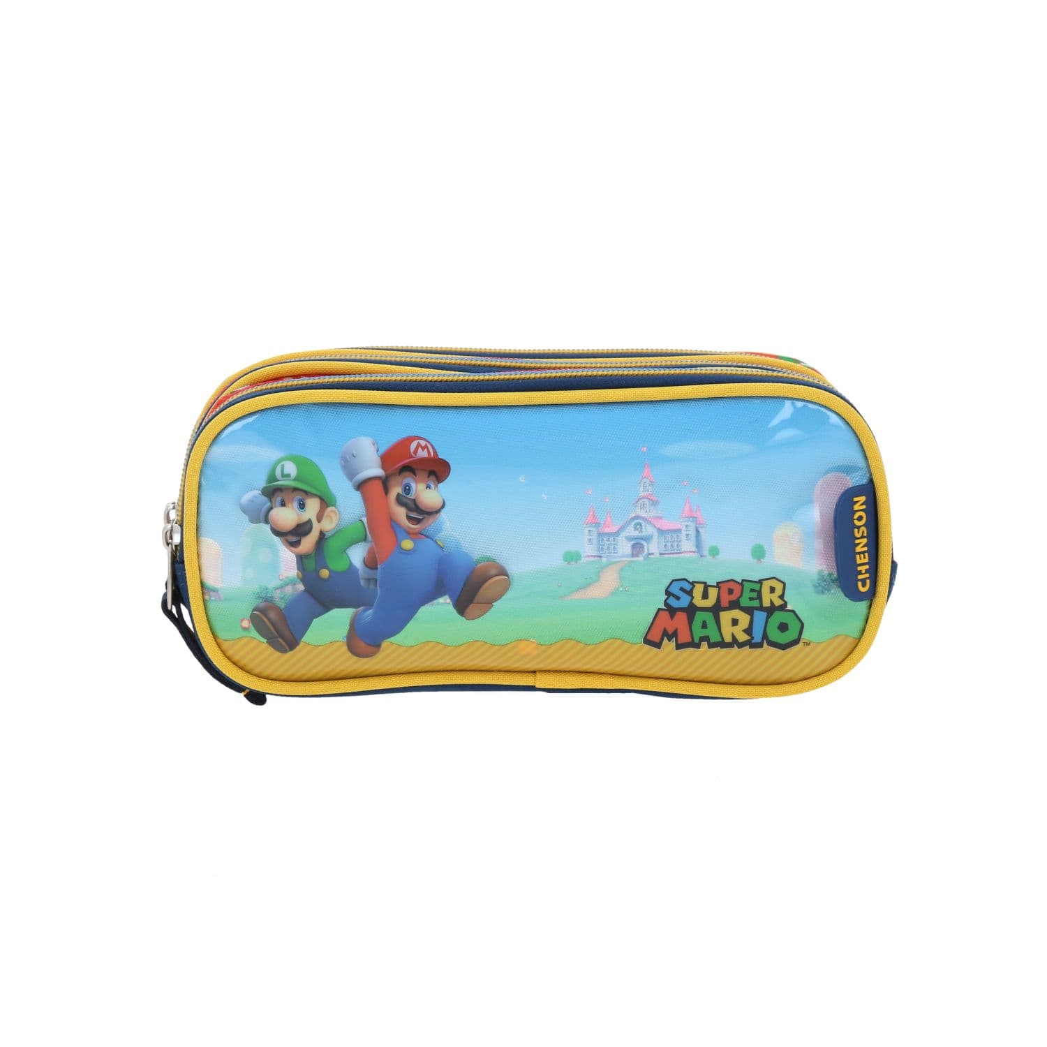 Lapicera escolar para niño Mario Bros by Chenson azul con triple compartimiento, modelo MB66583-9