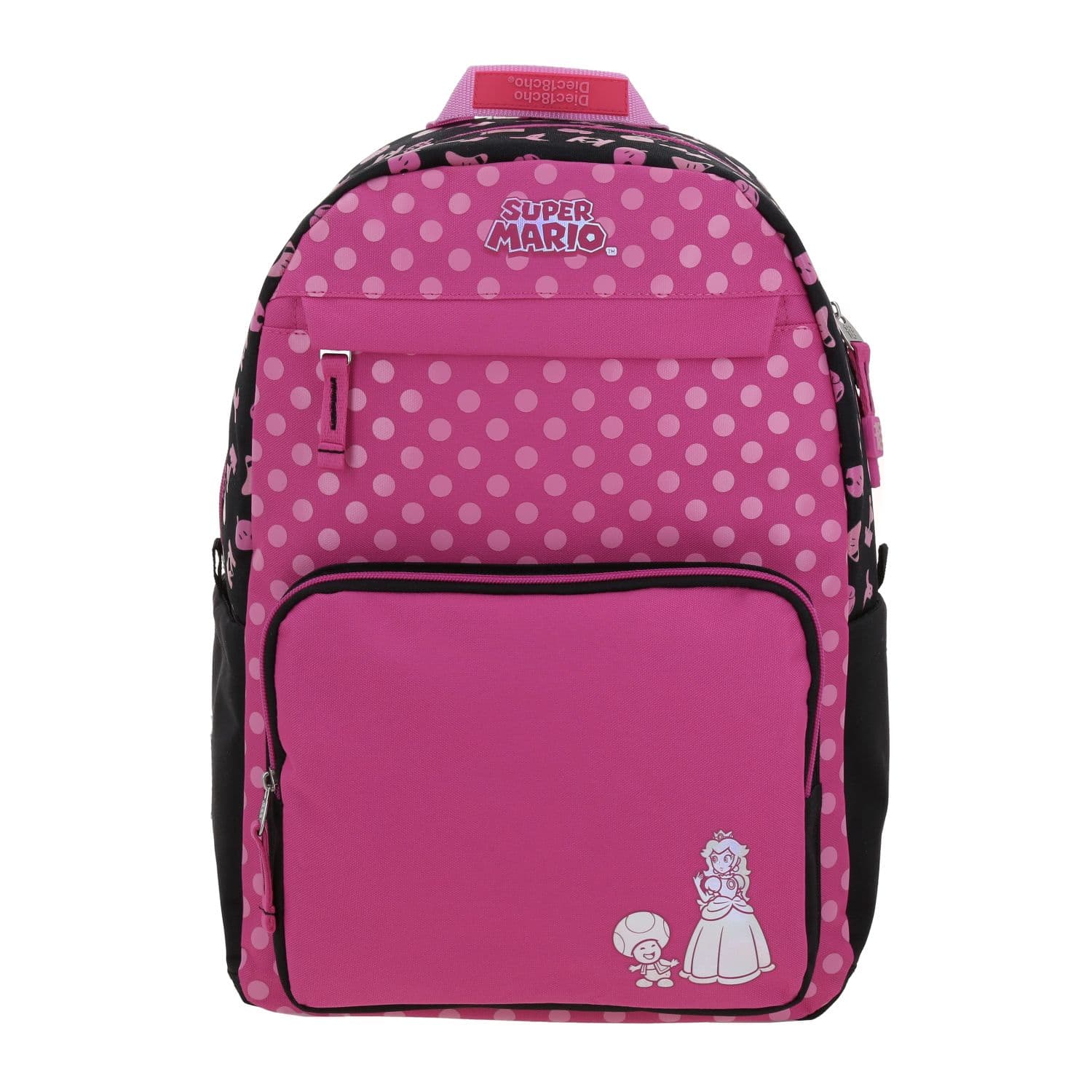Mochila escolar para niña Mario Bros by Chenson color fucsia divertida y segura, modelo MB66595-F