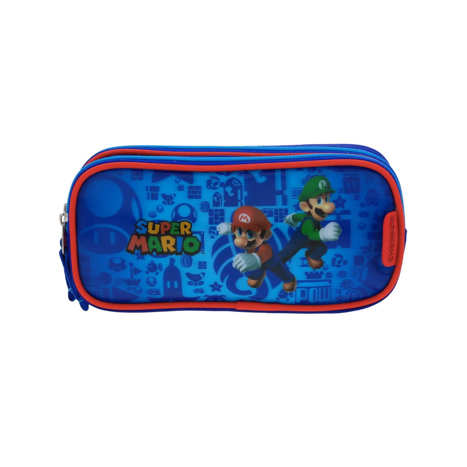 Lapicera escolar Mario Bros by Chenson, azul, doble compartimento, modelo MB70309-9