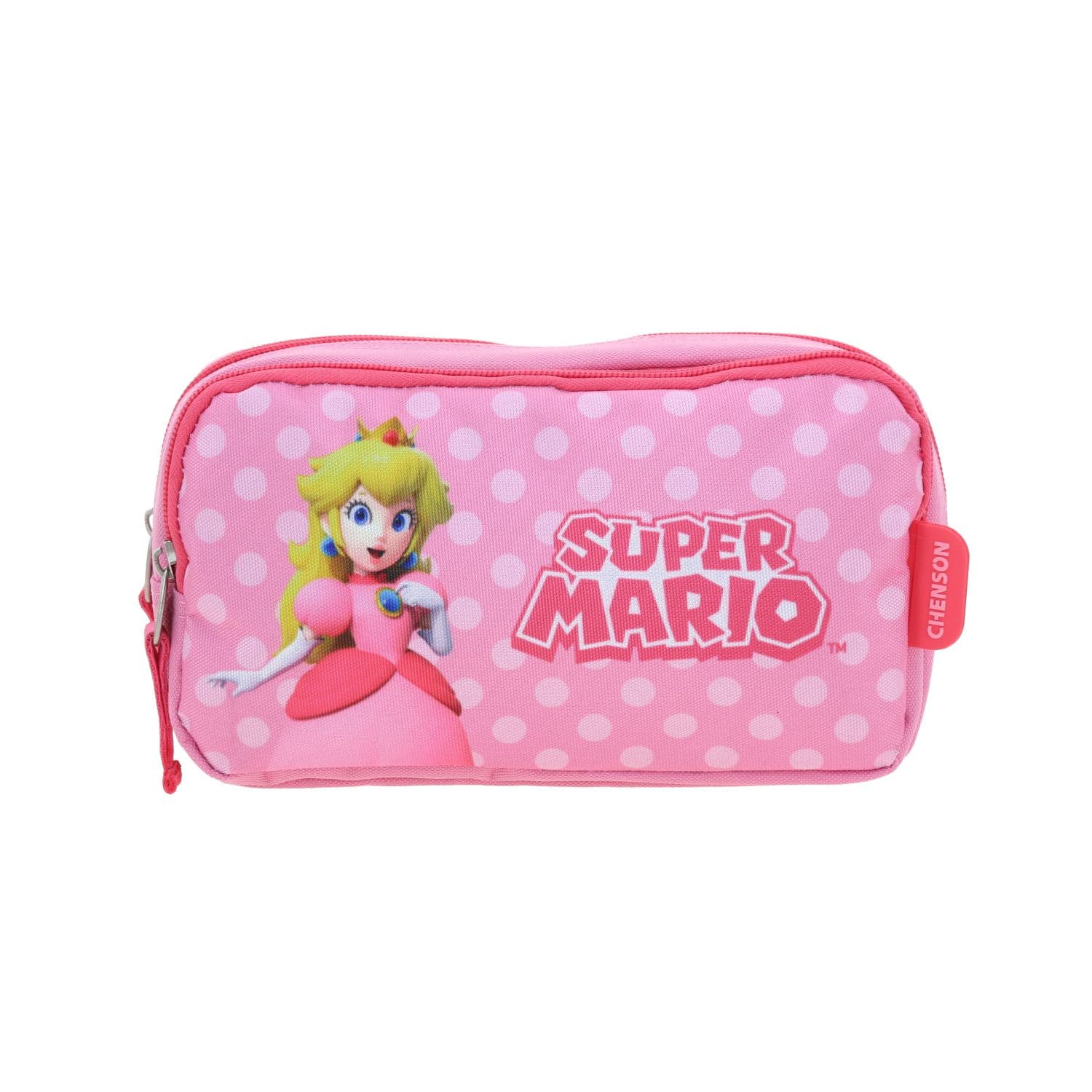 Lapicera escolar para niña Mario Bros by Chenson color rosa con doble compartimento, modelo MB70458-P