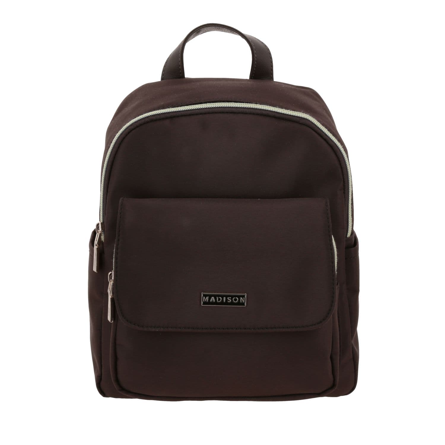 Mochila casual para dama Madison by Chenson café satinado con funcionalidad, modelo MD25159-D