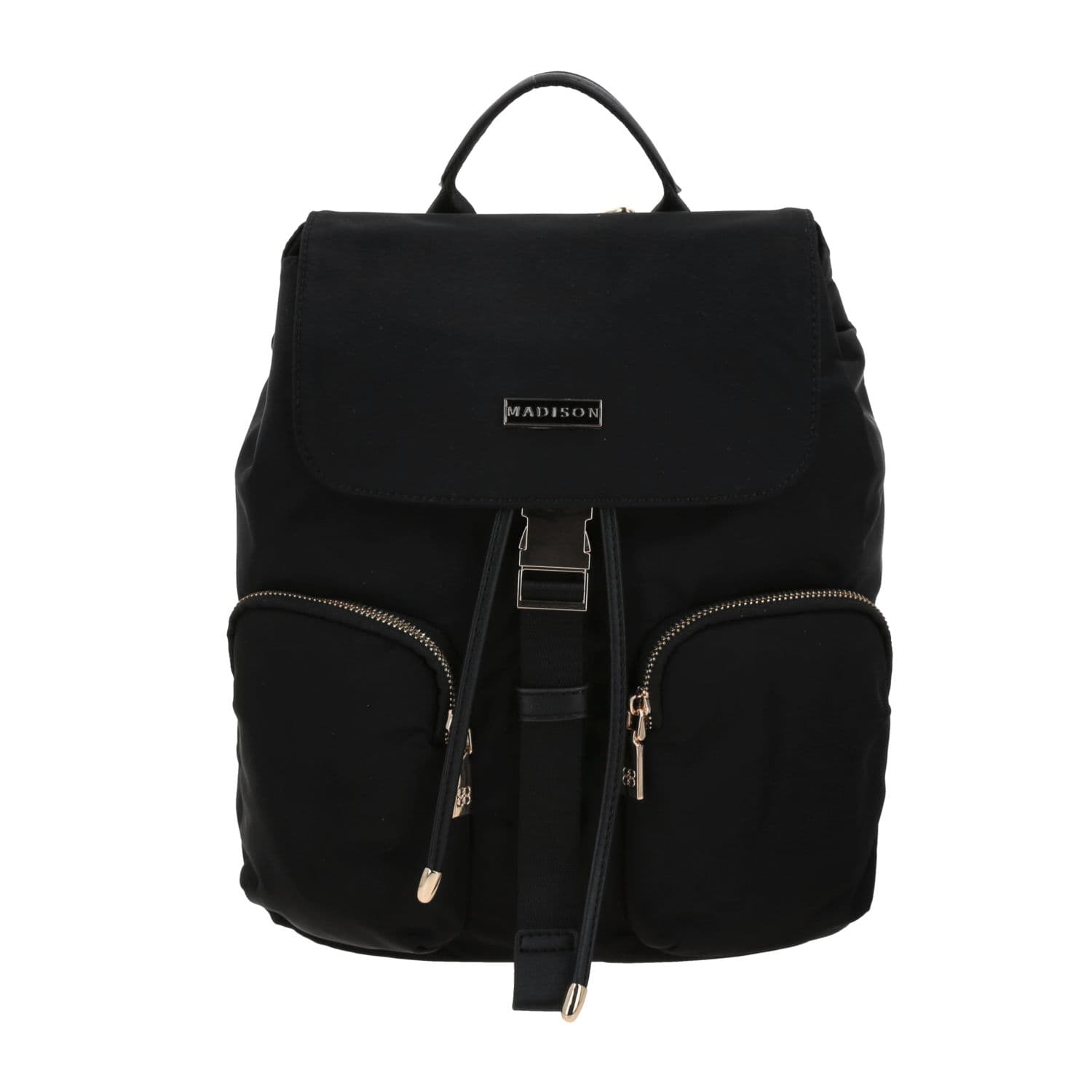 Mochila para dama Madison by Chenson negra con doble bolsillo frontal, modelo MD25165-3