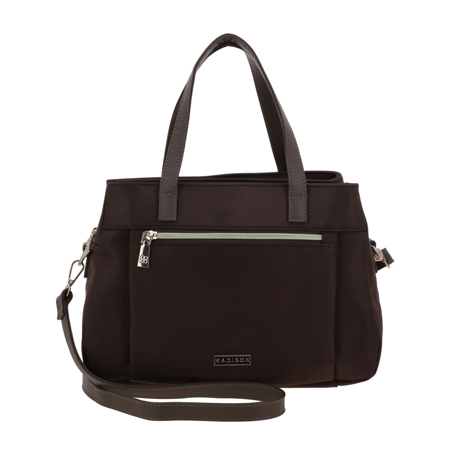 Bolsa de Mano para Dama Madison by Chenson Café Satinado con Triple Compartimento, modelo MD25182-D