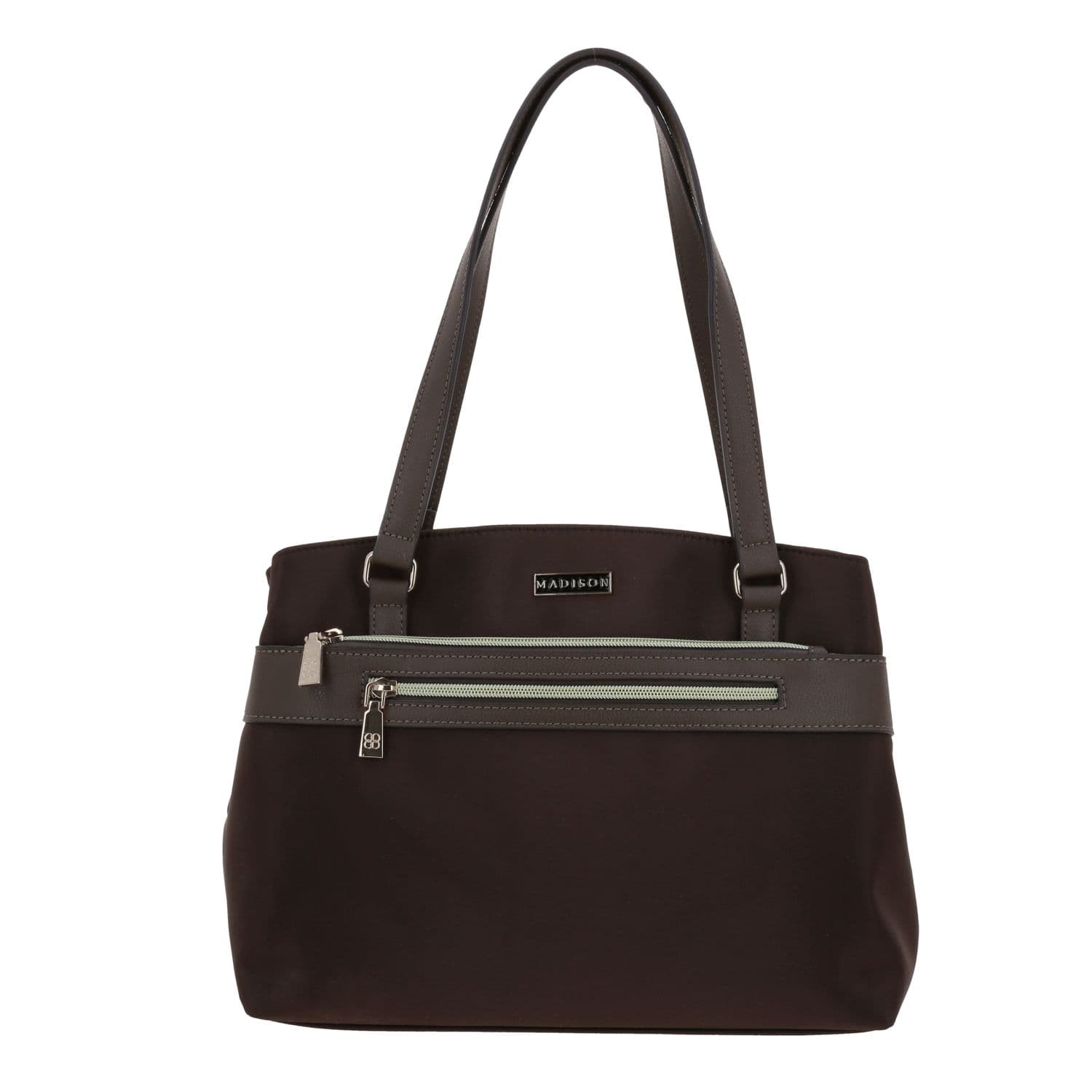 Bolsa grande para dama Madison by Chenson color café satinado con bolsillo frontal, modelo MD25188-D