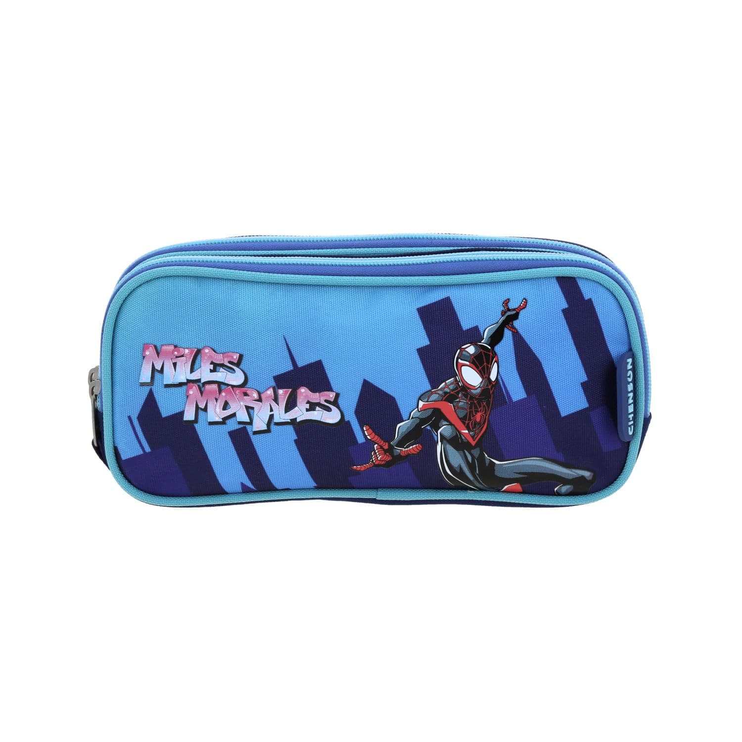 Lapicera escolar para niño Miles Morales by Chenson color azul con doble compartimento, modelo MM70674-9