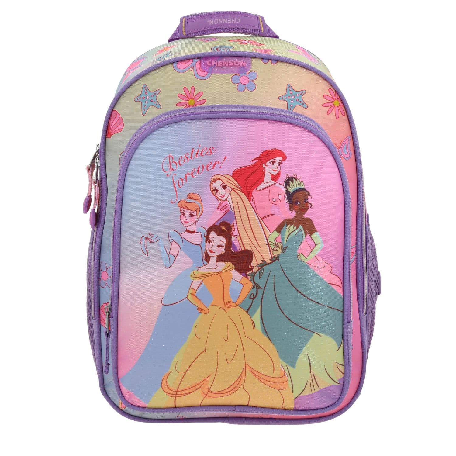 Mochila escolar para niña Princesas by Chenson color violeta divertida y segura, modelo PR70554-V