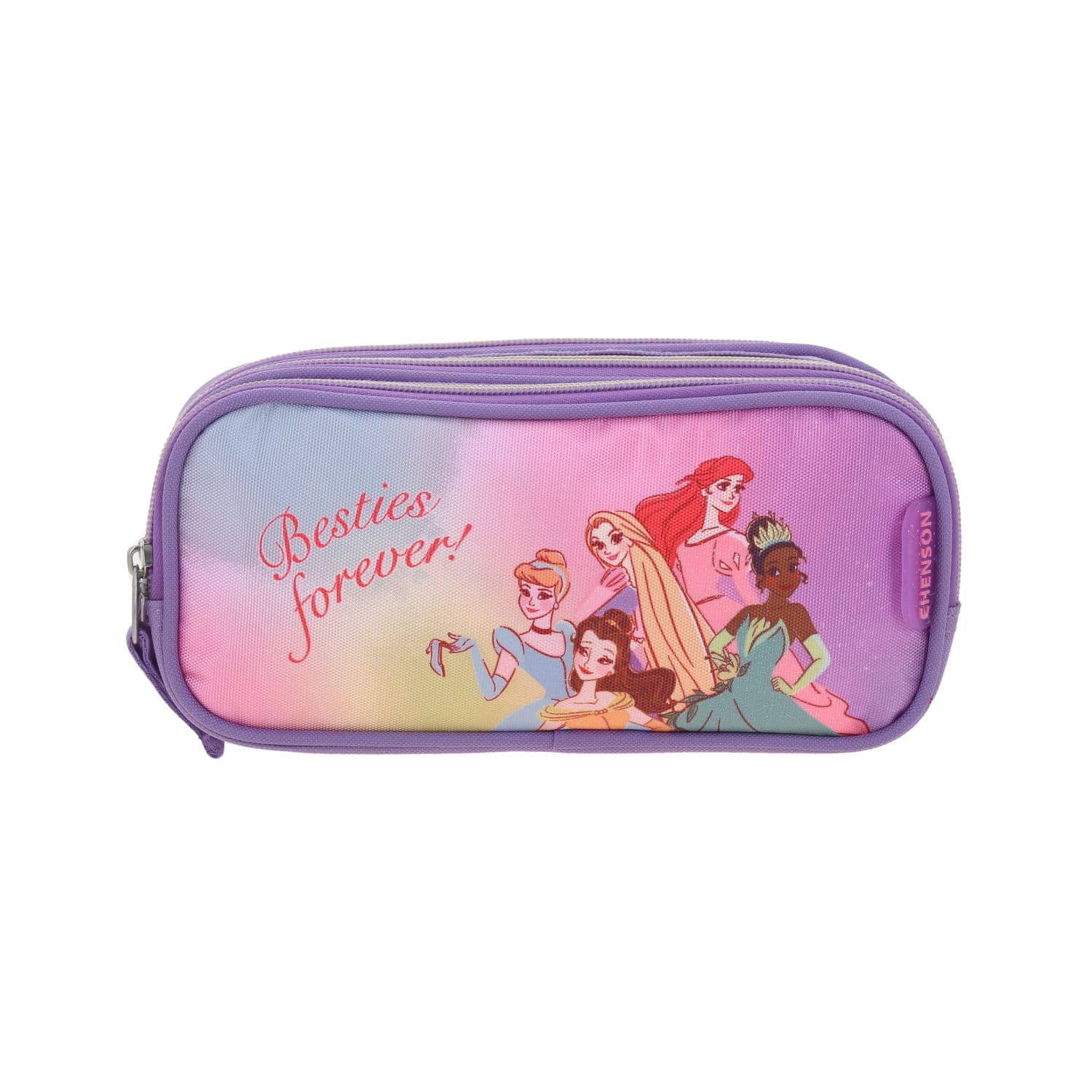 Lapicera escolar para niña Princesas by Chenson color violeta con triple compartimento, modelo PR70556-V